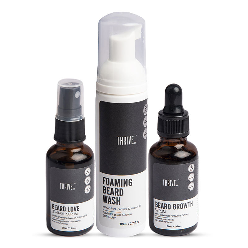 ThriveCo Complete Beard Care Kit - Foaming Beard Wash Absorbing Growth Serum & Light Oil-in-serum